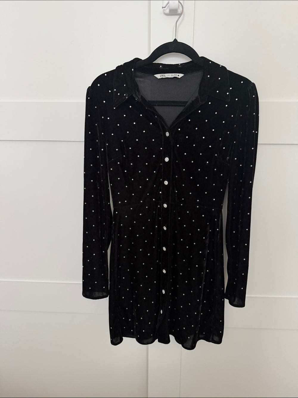 Zara Black Velvet Long-Sleeve Button-Front Dress with Silver Dot Accents